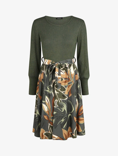 Robe fluide bi-matière imprimé fleuri - Vert - 4