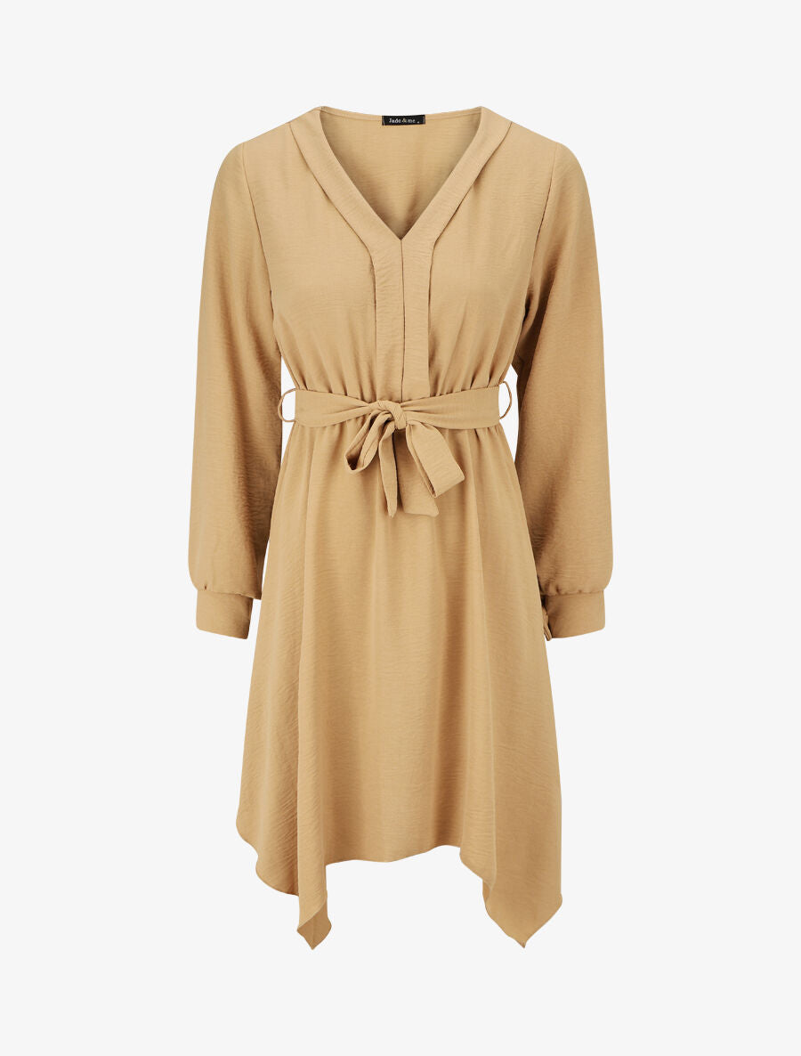 Robe unie élastiquée à bas asymétrique - Camel - 6