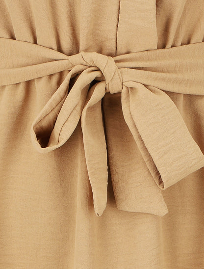 Robe unie élastiquée à bas asymétrique - Camel - 3