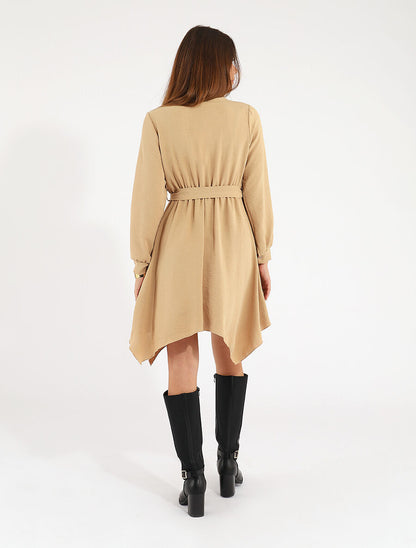 Robe unie élastiquée à bas asymétrique - Camel - 5