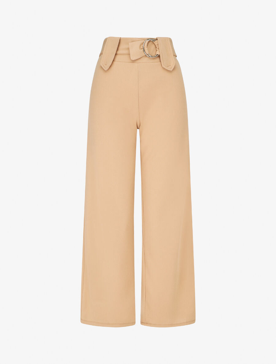 Pantalon droit taille haute ceinture fantaisie - Beige - 1