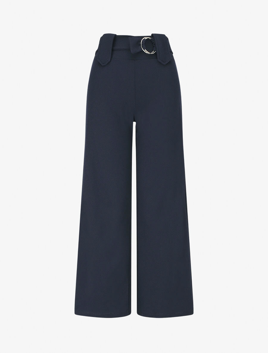 Pantalon droit taille haute ceinture fantaisie - Marine - 1