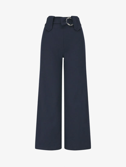 Pantalon droit taille haute ceinture fantaisie - Marine - 1