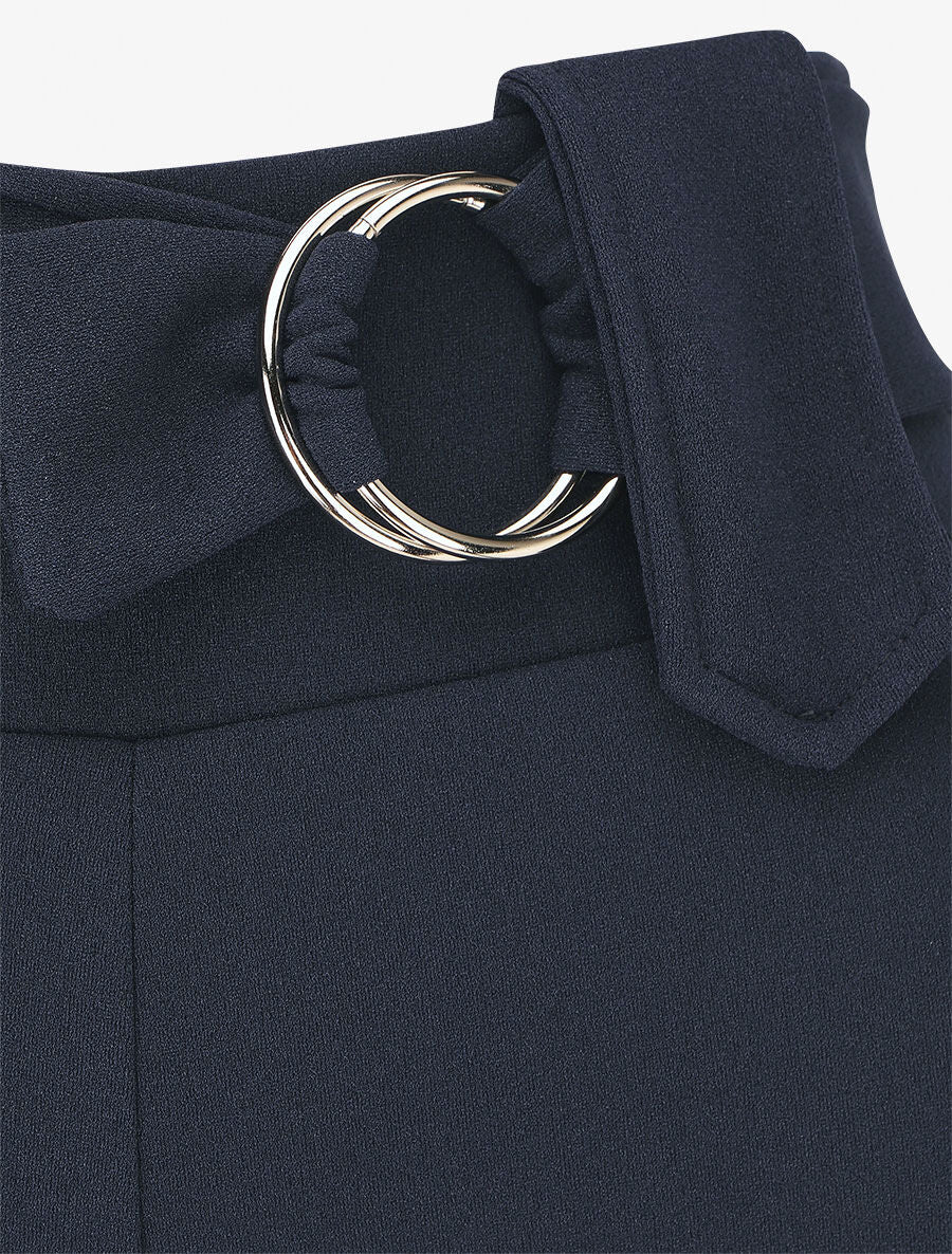 Pantalon droit taille haute ceinture fantaisie - Marine - 3