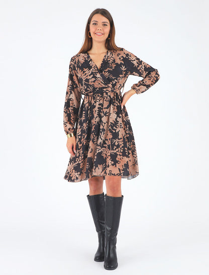 Robe mi-longue imprimé floral coupe évasée - Noir - 4