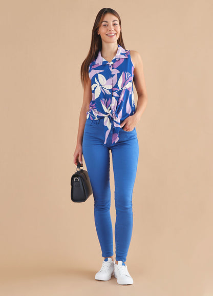 Chemise sans manches à noeud imprimé floral - Bleu/lilas - 4