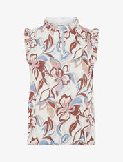Top satiné sans manches motif fleuri et volants - Beige - 1