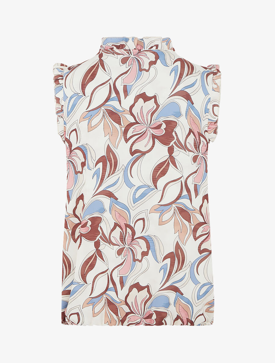 Top satiné sans manches motif fleuri et volants - Beige - 2