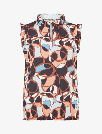 Top satiné sans manches motif abstrait et volants - Noir - 4