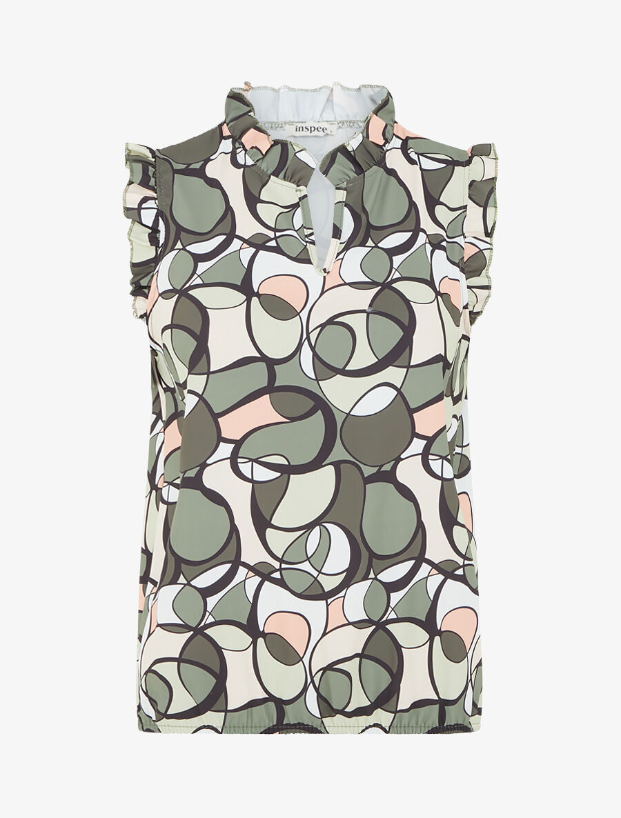 Top satiné sans manches motif abstrait et volants - Kaki - 1