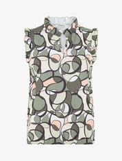 Top satiné sans manches motif abstrait et volants - Kaki - 1