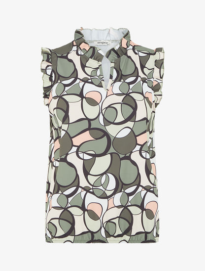 Top satiné sans manches motif abstrait et volants - Kaki - 1