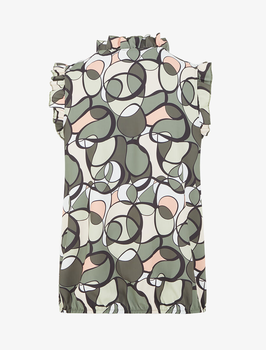 Top satiné sans manches motif abstrait et volants - Kaki - 2