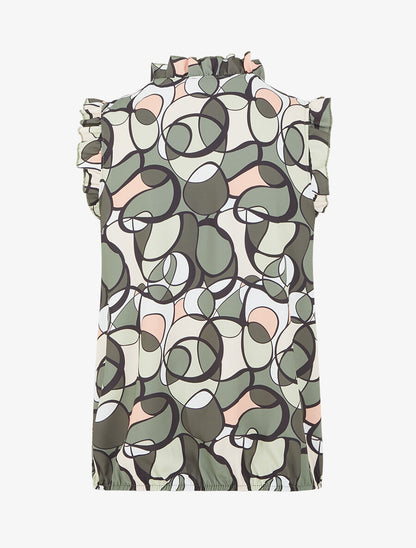 Top satiné sans manches motif abstrait et volants - Kaki - 2