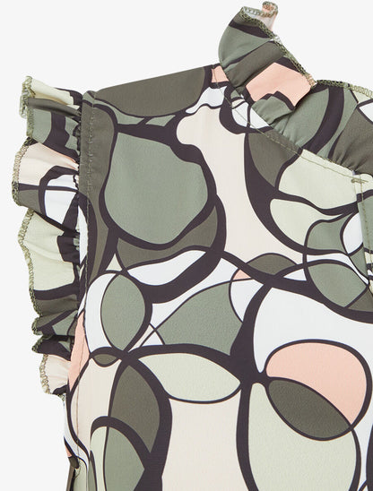 Top satiné sans manches motif abstrait et volants - Kaki - 3