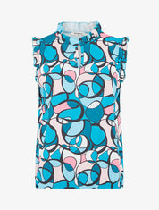 Top satiné sans manches motif abstrait et volants - Bleu canard - 1