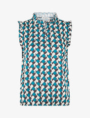Top satiné sans manches motif graphique et volants - Bleu canard - 1
