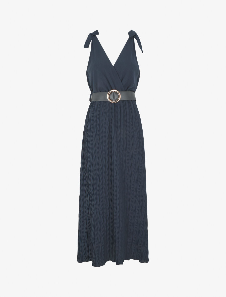 Robe longue à jupe texturée - Marine - 5
