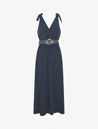 Robe longue à jupe texturée - Marine - 5