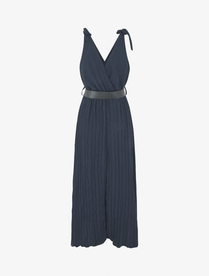 Robe longue à jupe texturée - Marine - 2