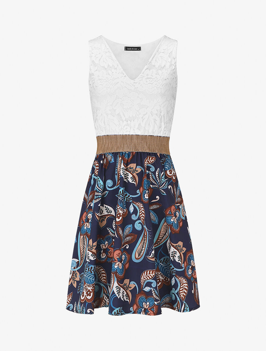 Robe bi-matière imprimé fleuri - Marine - 1