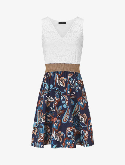 Robe bi-matière imprimé fleuri - Marine - 1