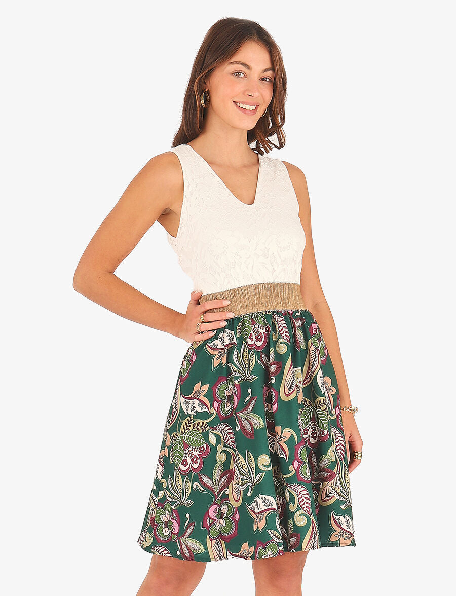 Robe bi-matière imprimé fleuri - Vert sapin - 4