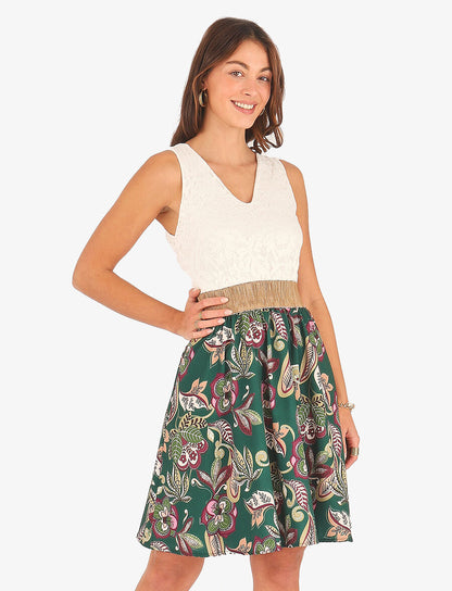 Robe bi-matière imprimé fleuri - Vert sapin - 4