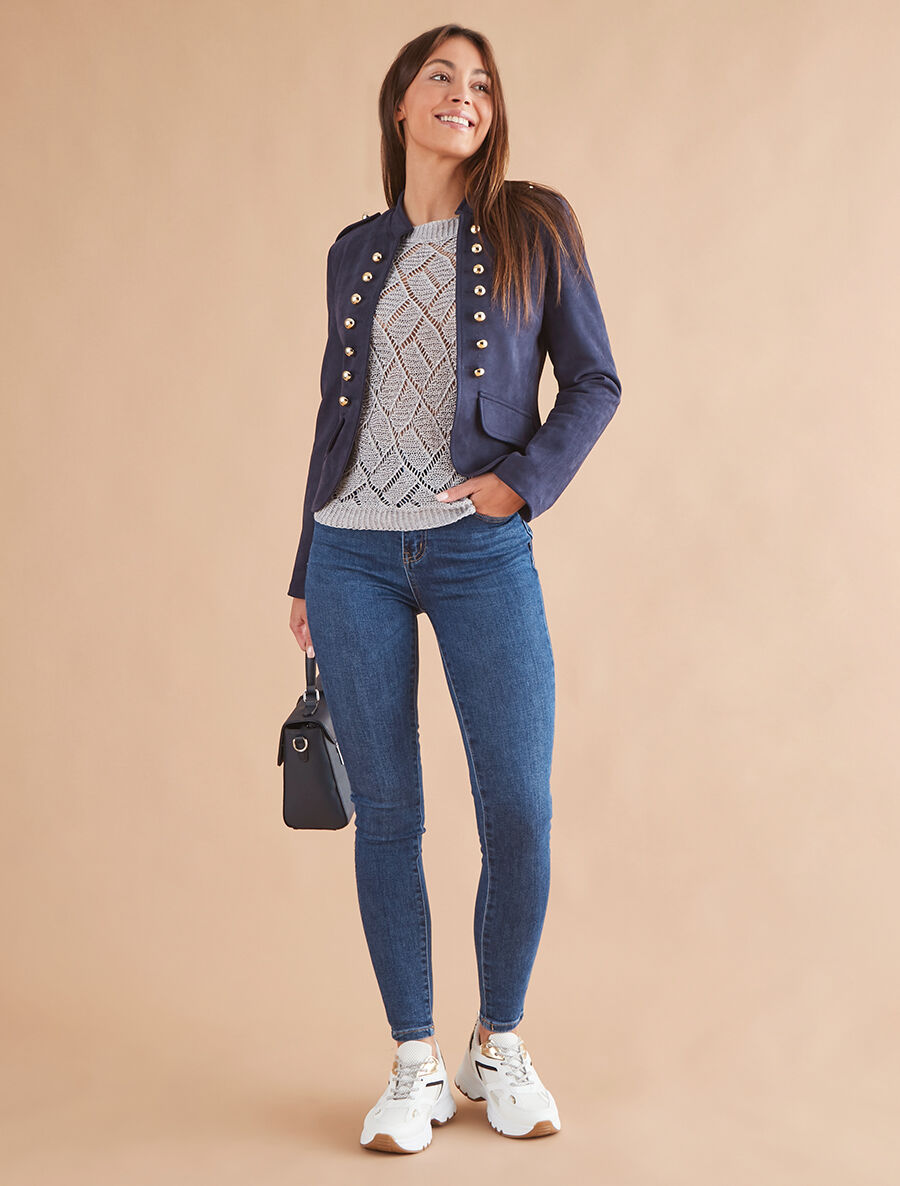 Veste en suédine à boutons décoratifs - Marine - 4