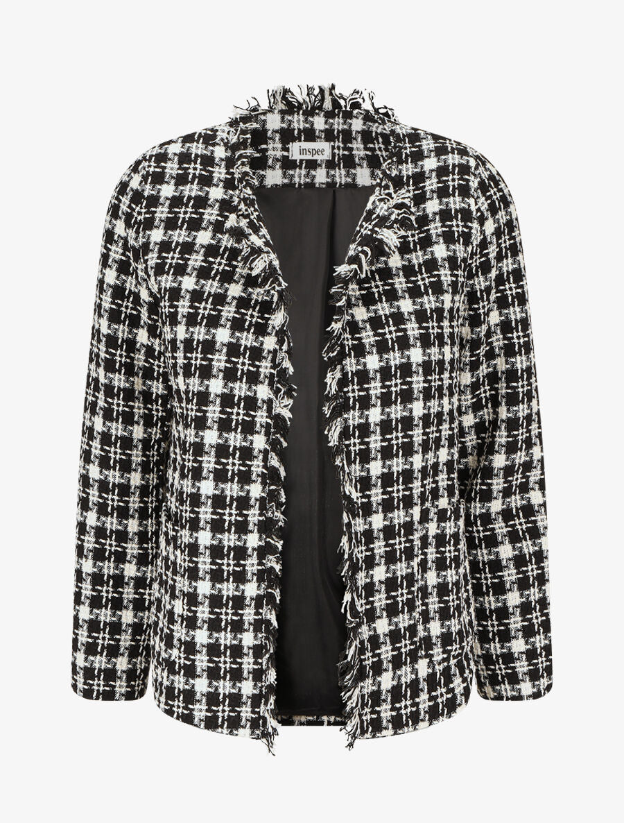 Veste en tweed ouverte à détail frangé - Noir - 4