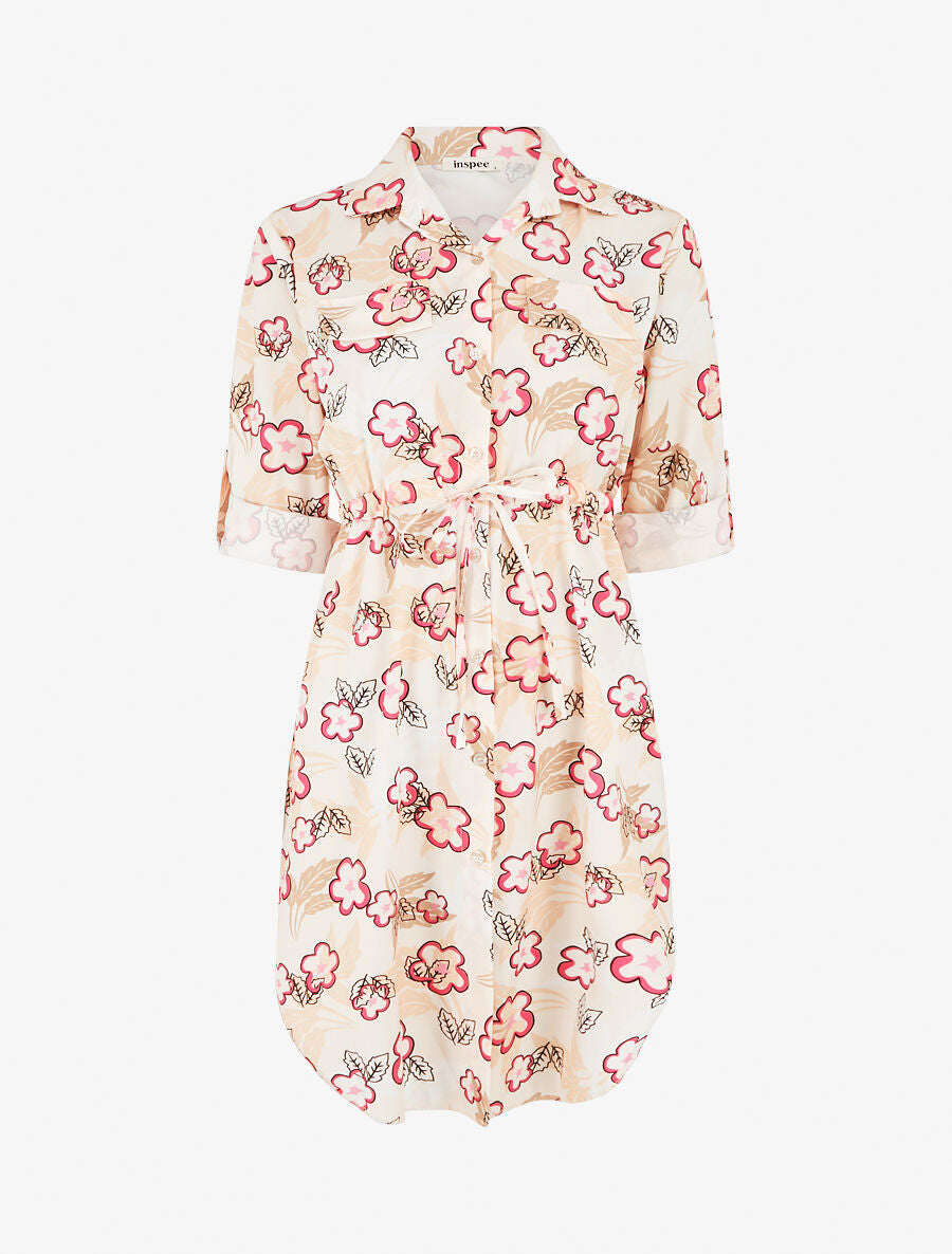 Robe imprimé fantaisie à manches retroussables - Beige - 1