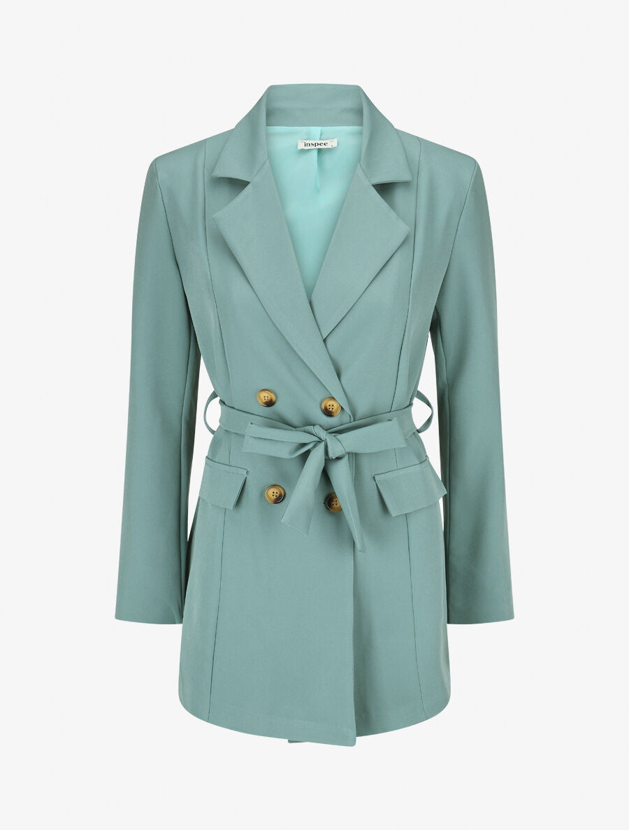 Blazer long uni ceinturé - Vert d&