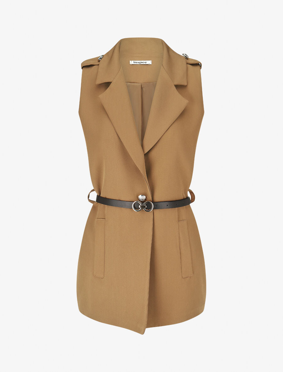 Blazer long uni à boutons métallisés aux épaules - Camel - 4
