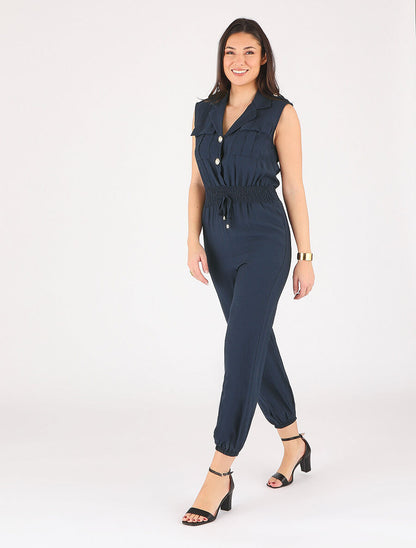 Combinaison uni élastiquée sans manches - Marine - 4