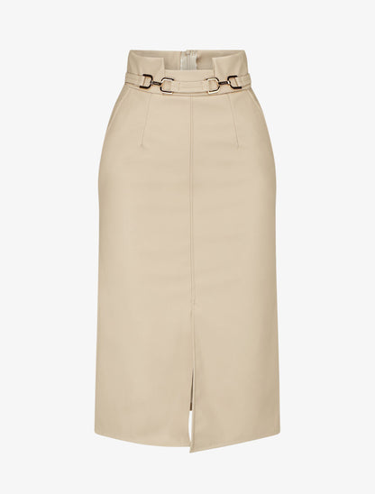 Jupe longue en simili à ceinture stylisée - Beige - 4