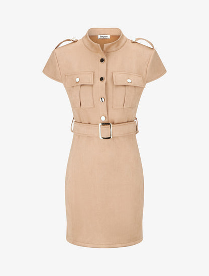 Robe courte en suédine ceinturée - Beige - 5