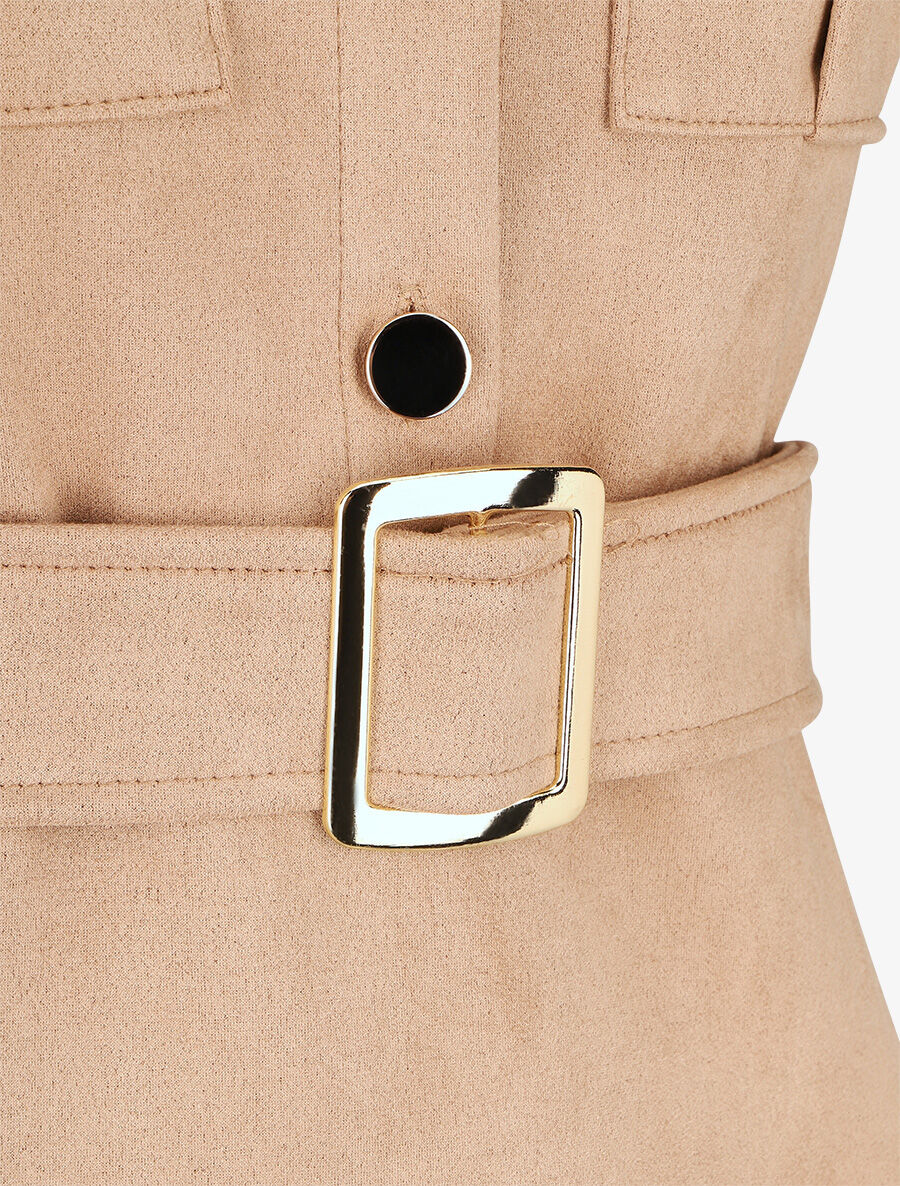 Robe courte en suédine ceinturée - Beige - 3