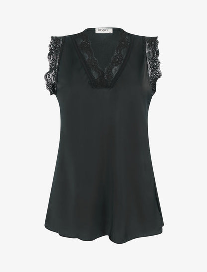 Top satiné à détail dentelle - Noir - 4
