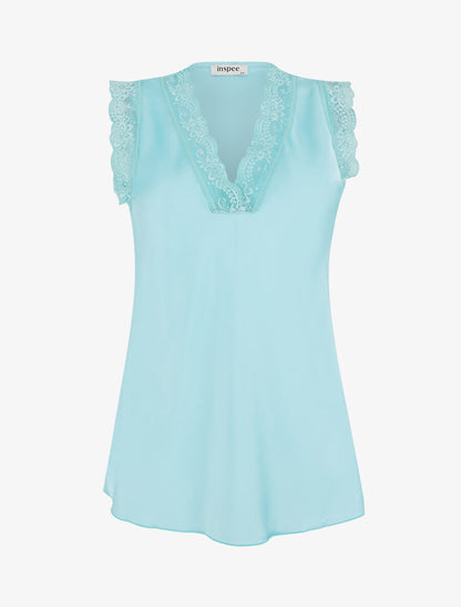 Top satiné à détail dentelle - Turquoise - 4