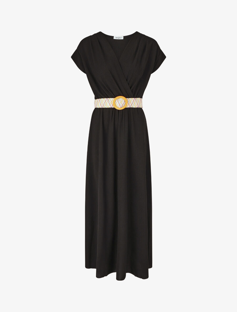Robe longue unie élastiquée et ceinturée - Noir - 4