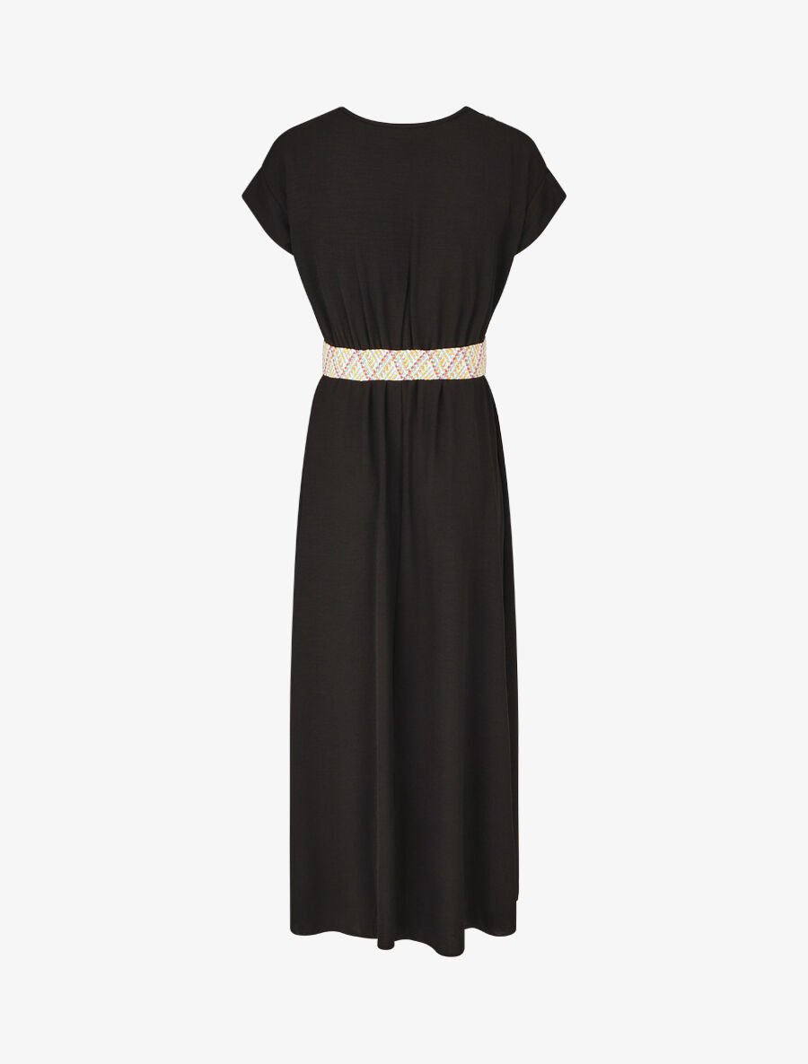Robe longue unie élastiquée et ceinturée - Noir - 2