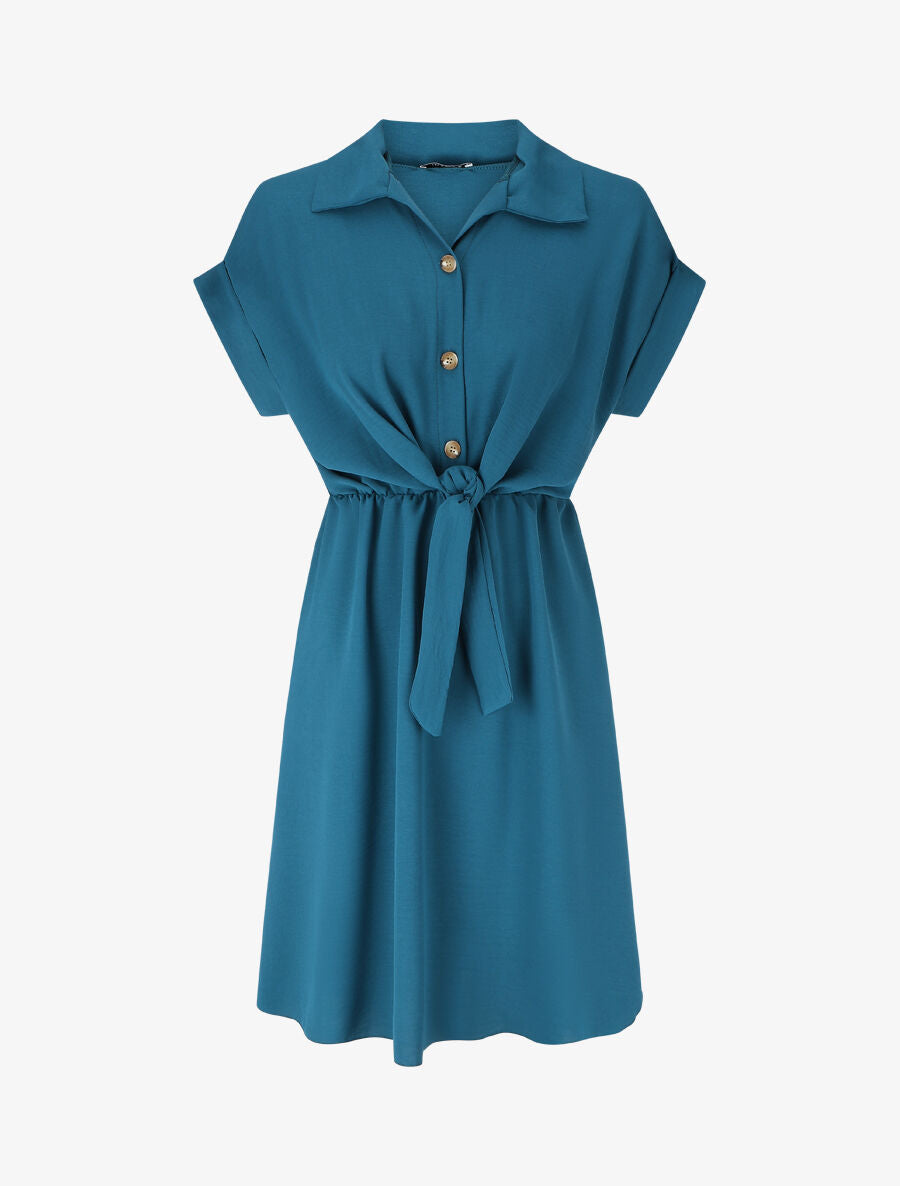 Robe unie à noeud et manches courtes - Bleu canard - 1