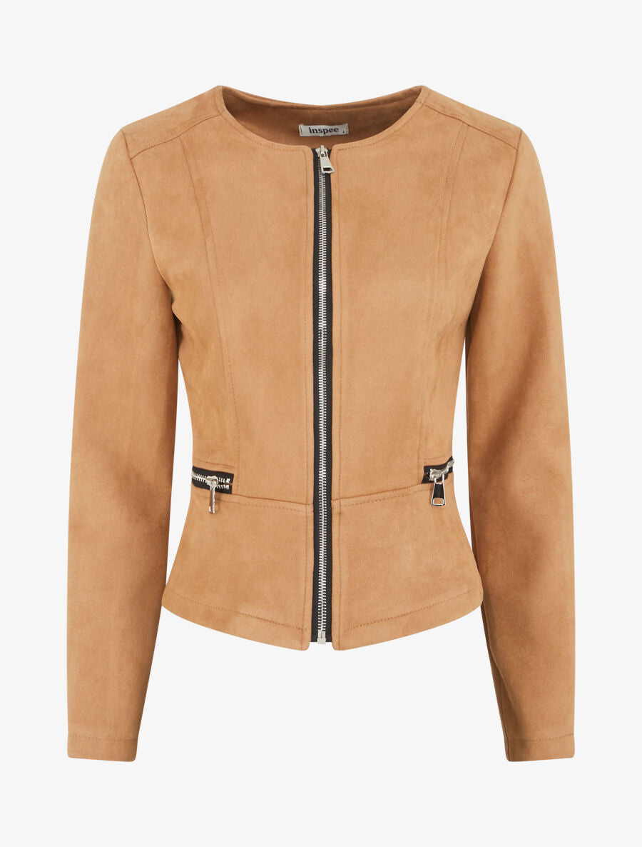 Veste en suédine à zips décoratifs - Camel clair - 1
