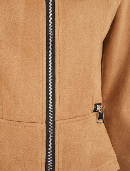 Veste en suédine à zips décoratifs - Camel clair - 3