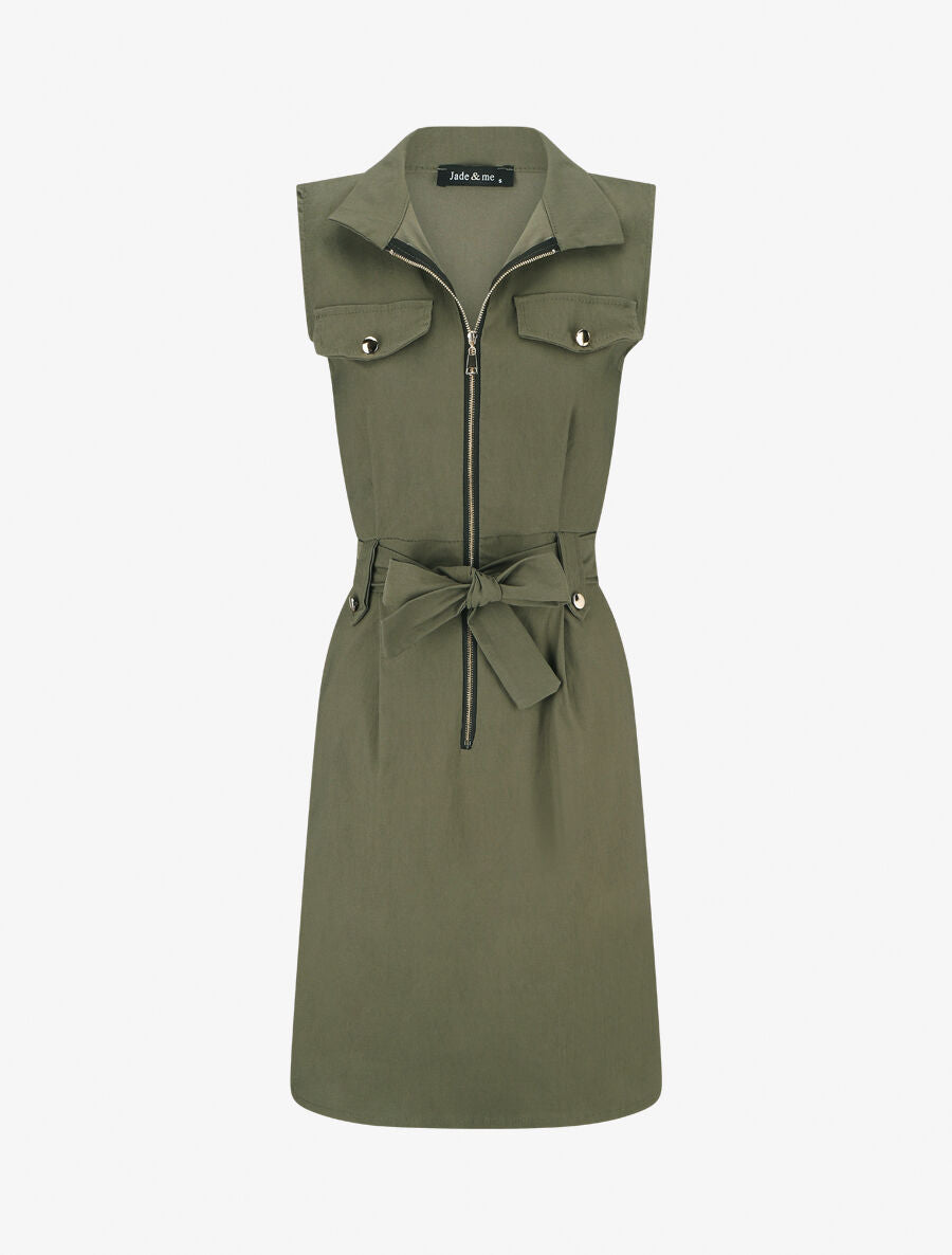 Robe mi-longue sans manches ajustée à zip - Kaki - 1