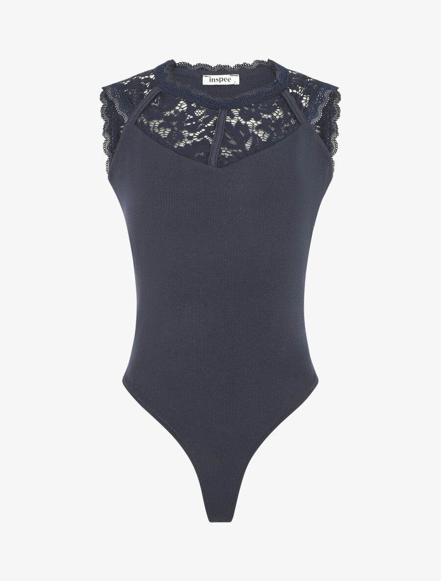 Body côtelé sans manches à dentelle - Marine - 1