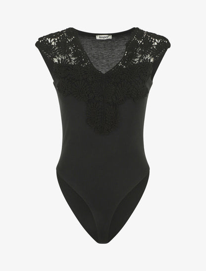 Body sans manches col V en dentelle - Noir - 1