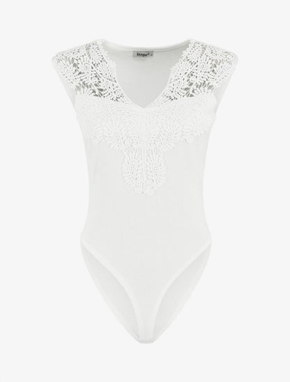 Body sans manches col V en dentelle - Blanc - 1
