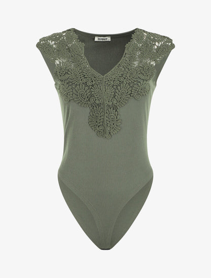 Body sans manches col V en dentelle - Kaki - 1