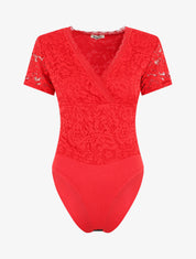 Body manches courtes en dentelle - Rouge - 1